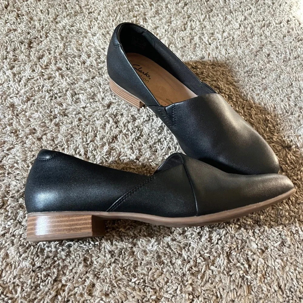 Clarks Shoes Juliet Palm Black Leather Loafer Slip On Minimal Basic Womens 9.5